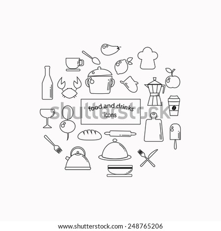 Outline modern food, drink and kitchenware icons. Vector elements
