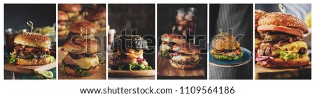 A collage of Homemade burgers in a rustic style. Fish burger, cheeseburger, pulled burger and burger with pineapple.