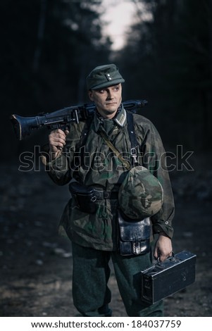 Actor dressed in ammunition German soldier from World War II