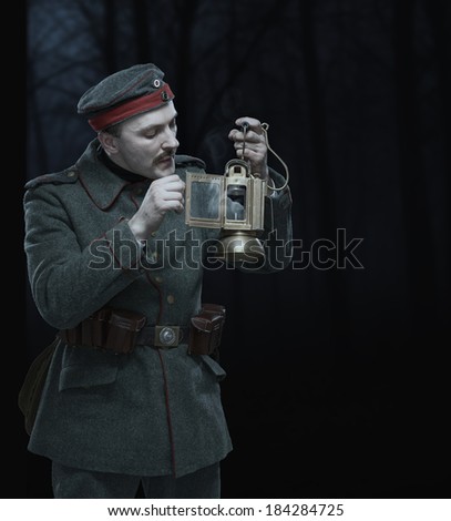 German infantryman during the first world war. Soldiers extinguished the oil lamp.