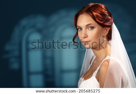 Beautiful bride on a blue background. Wedding dress, veil, red hair. Soft focus.