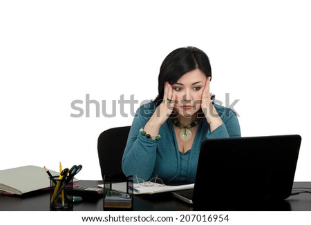 Business lady getting shock watching internet news by laptop