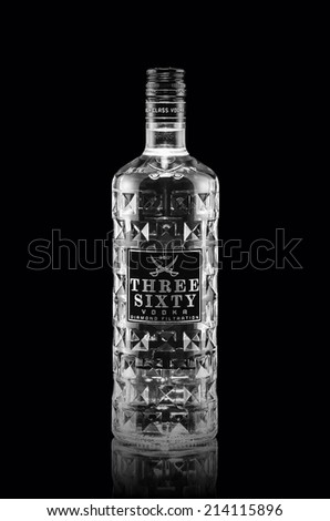 Rishon Le Zion, Israel - March 30, 2013: One bottle of Three Sixty Vodka 40% 1 Liter on black background. Vodka diamond filtration is imported from Germany