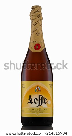 Rishon Le Zion, Israel - April 7, 2013: One bottle of Leffe Blond pale ale 6.6%, 750ml.  Blond abbey beer Brewed by Abbaye de Leffe S.A. Belgium