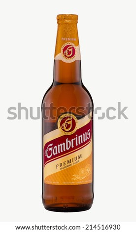 Rishon Le Zion, Israel - August 29, 2012: One bottle of Gambrinus Premium Traditional Lager beer 5%, 500ml. Pale lager Gambrinus imported from Czech Republic