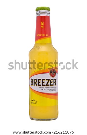 Rishon Le Zion, Israel - July 1, 2012: Bacardi Breezer Mango. Breezer a refreshing blend of alcohol, Bacardi rum, fruit flavours & sparkling water alc.4% 275ml. Imported from Germany