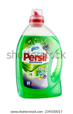 Rishon Le Zion, Israel - November 29, 2014: Plastic bottle of Persil Power Gel 3L. 60 Loads Laundry Detergent Lavender Freshness.  Power Booster. Produced by Henkel, Germany. Imported to Israel