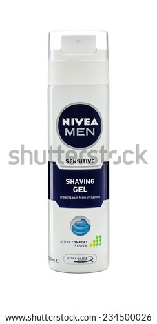 Rishon Le Zion, Israel - November 30, 2014: Can of Nivea Men Sensitive Shaving Gel 200ml. Protects skin from irritation. Manufactured by Beiersdorf AG, Germany