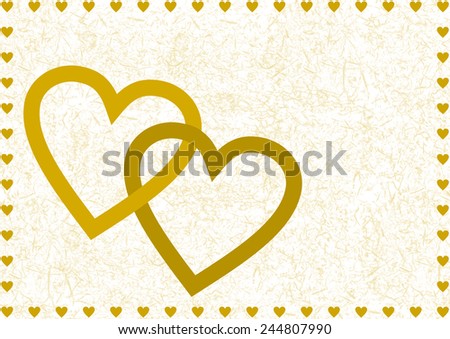 Two golden intertwined big open hearts edged with many small golden filled hearts on a gold patterned background with a large copy space