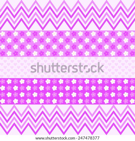 Purple zigzag pattern, flowers and small hearts on light purple background in a quadratic format
