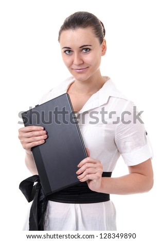 college-aged woman with a laptop on a white background