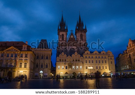 PRAGUE, CZECH REPUBLIC - SEP 03: Night time illuminations of the  Town Square and fairy tale Church of our Lady Tyn (1365) on Sep 03, 2013 in Prague, Czech Republic.