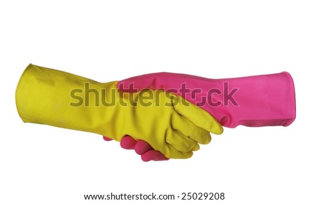 a handshake is in sanitary gloves, a pink glove and yellow glove