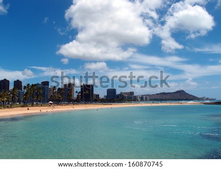 Magic Island Beach, Waikiki and Diamond Head on Oahu, Hawaii.