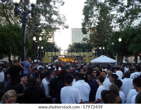 SAN JOSE, CA - JULY 14: Don Carlos plays in front of a large crowd at San Jose Music in the Park in the Downtown area earlier evening.  Taken July 14, 2010 Downtown San Jose, California.