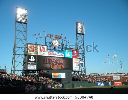 SAN FRANCISCO, CA - JULY 28: ATT Park HDTV Scoreboard in the outfield bleachers displays \'Let\'s Go Giants\' in the final inning to rally the fans.   July 28, 2010 San Francisco California.