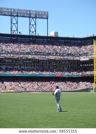 SAN FRANCISCO, CA - JULY 31: Dodger vs. Giants: Outfielder Garret Anderson stands in the outfield at ATT park between plays.  Taken on July 31, 2010 Att Park in San Francisco.