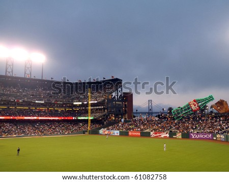 SAN FRANCISCO - SEPTEMBER 15: Dodgers vs. Giants: Dodger Oufielders stand in between plays at on a foggy night at ATT Park.  September 15 2010 at the ATT Park San Francisco California.