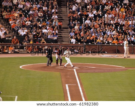 SAN FRANCISCO - SEPTEMBER 28: Diamondbacks vs. Giants: Giants Aubrey Huff lets go of bat after fouling off pitch. taken on September 28 2010 at Att Park in San Francisco California.