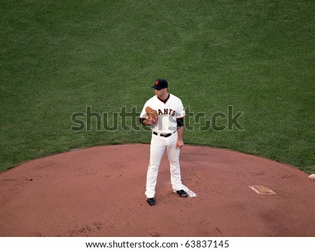 SAN FRANCISCO, CA - OCTOBER 20: Giants vs. Phillies: Giants Madison Bumgarner stands on mound looking towards homeplate game four of the NLCS 2010 October 20, 2010 AT&T Park San Francisco.