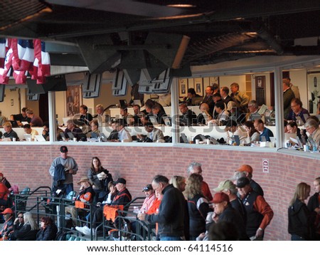 SAN FRANCISCO, CA - OCT. 20: Members of the media prepare for the start of game four of the 2010 NLCS game between the San Francisco Giants and Philadelphia Phillies on Oct. 20, 2010 at AT&T Park in San Francisco, CA.