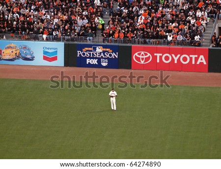 SAN FRANCISCO, CA - OCTOBER 20: Giants Pat Burrell stands in Left field between plays game 4 of the 2010 NLCS game between Giants and Phillies Oct. 20, 2010 AT&T Park San Francisco, CA.