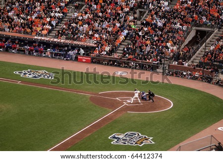 SAN FRANCISCO, CA - OCTOBER 28: Buster Posey stands in the batters box waiting for a pitch in game 2 of the 2010 World Series between San Francisco Giants and Texas Rangers on Oct. 28, 2010 in AT&T Park, San Francisco, CA.