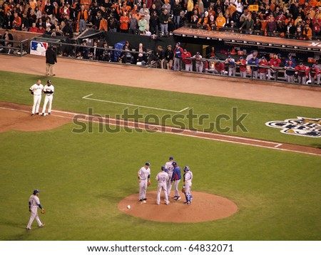 SAN FRANCISCO, CA - OCTOBER 28: Manager Ron Washington changes pitchers with infield on mound in game 2 2010 World Series game between Giants and Rangers Oct. 28, 2010 AT&T Park San Francisco