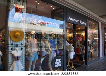 HONOLULU - AUGUST 7, 2014: American Apparel fashion store  at the Ala Moana Center on August 7, 2014. American Apparel was founded in 1989 and has 273 store locations as of 2013.