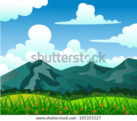 Summer Landscape With Mountain, Beautiful Grass, Forest and Great Sky