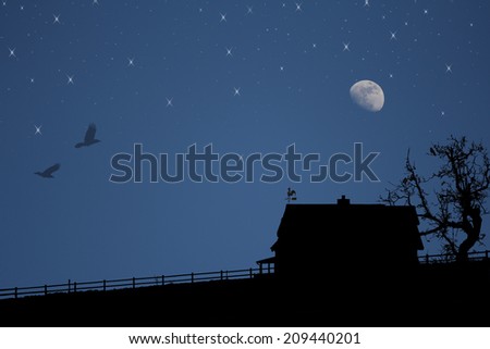 A silhouette of a black farm house in a meadow with a dark blue sky with birds and the moon.