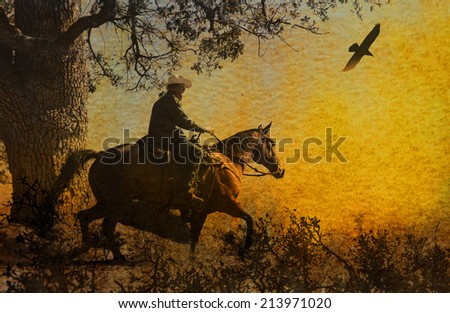 Cowboy running in the mountains on his horse with a crow flying above.