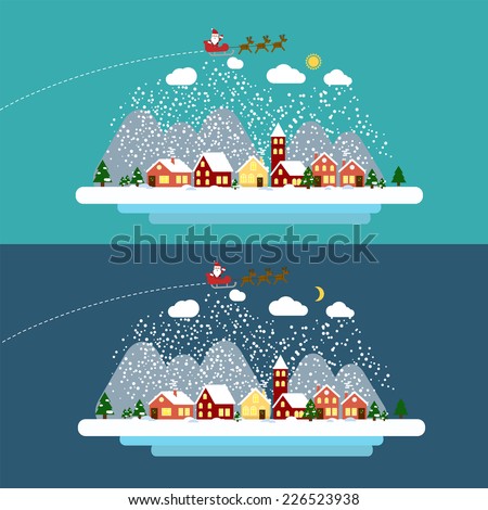 Winter landscape with small village Christmas tree and flying sleigh with reindeer and Santa Vector illustration in flat design style EPS 10 Winter landscape with small village Christmas tree and flying sleigh with reindeer and Santa Vector illustration in flat design style EPS 10