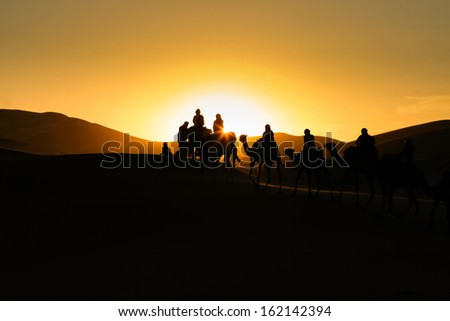 Silhouettes of tourists riding camels on dunes in Moroccan desert