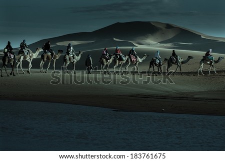 Caravan of tourists passing desert lake on camels in moonlight