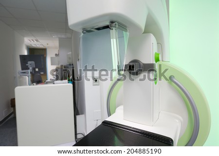 Mammography breast screening machine in hospital laboratory.