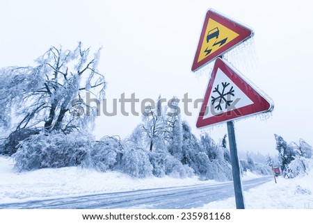 Dangerous and icy road with sleet covered fallen trees