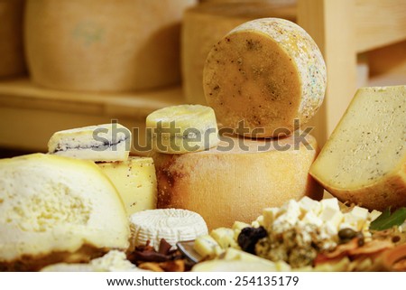 Assortment of organic gourmet cheeses and other dairy products