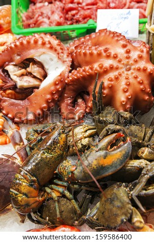 Seafood variety/Fresh seafood on ice. Octopus, crayfish, crab and European lobster.
