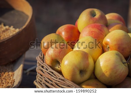 Apples and wheat in basket/Apple. Fresh fruits on market. Wheat in basket.
