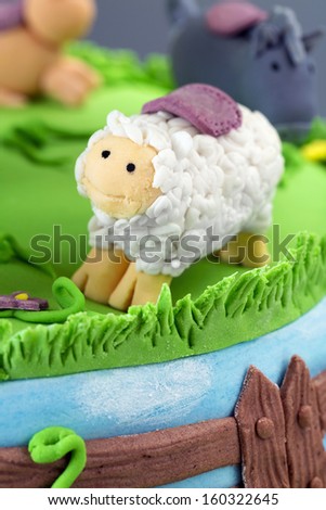 Fondant Cake/Farm themed cake with edible sheep. Animal themed cake. Sweet food. Holiday cake.