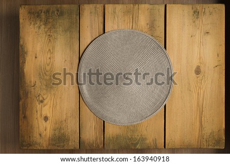 Cookbook background table/Cookbook background. Brown mat on wooden picnic table.