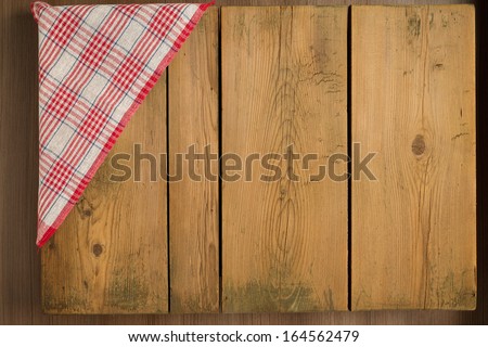 Decorative Picnic Table/Wood texture pine. Picnic Table Background. Red plaid cloth.
