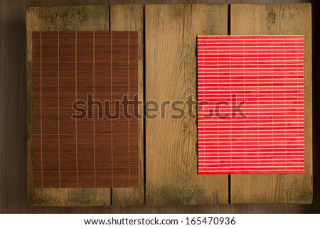 Cookbook background table/Cookbook background. Brown and red mat on wooden picnic table.