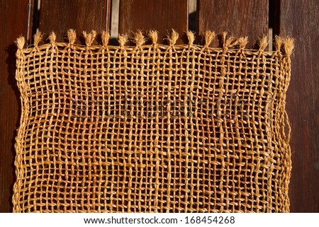Wood and jute/Cookbook background. Wooden Table with jute coarse grain canvas texture ( seamless sackcloth ).
