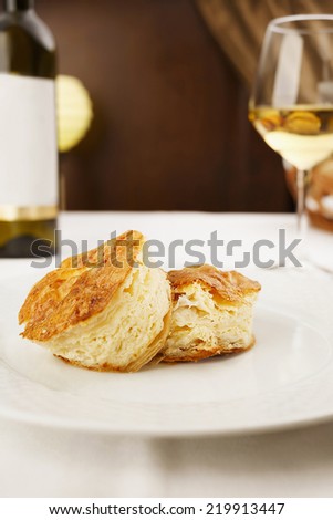 Delicious cheese pie served in elegant restaurant. Restaurant dinner/Cheese pie