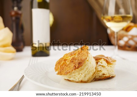 Delicious cheese pie served in elegant restaurant. Restaurant dinner/Cheese pie