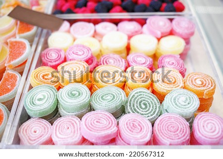 Various jelly candies in candy shop. Candy shop