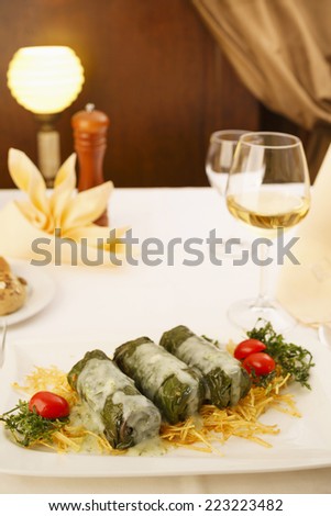 Cabbage rolls in fine dine restaurant/Elegant lunch in restaurant/Cabbage rolls in restaurant