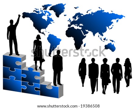 Illustration of business people, puzzle and map